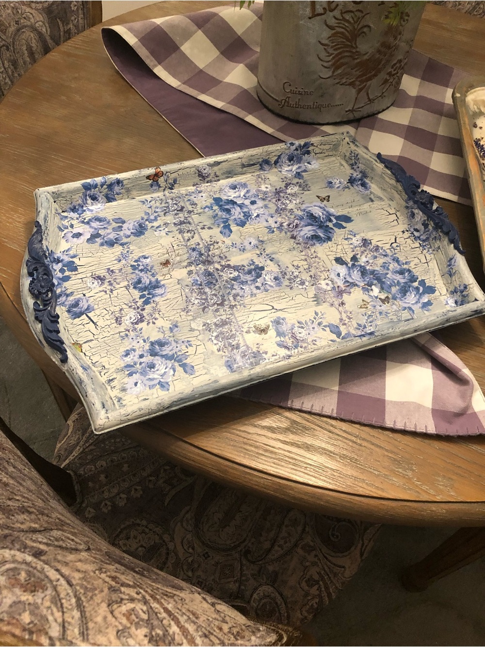Hand Crafted Blue and White Floral Decorative Tray